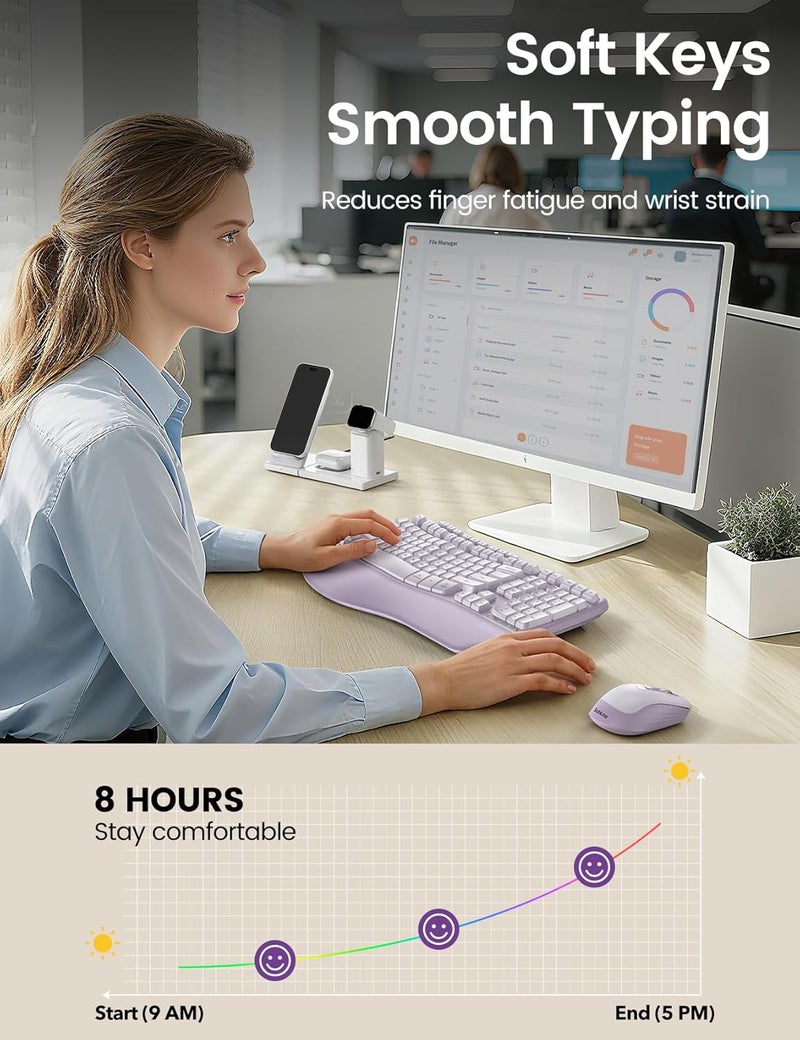 SABLUTE Purple Ergonomic Wireless Keyboard and Mouse Combo, 2.4G Full Size Ergo Wave Key Board with Cushioned Plam Rest, Natural Typing, 3 DPI Adjustable Silent Mouse for Computer/Laptop/Windows/Mac - Image 5